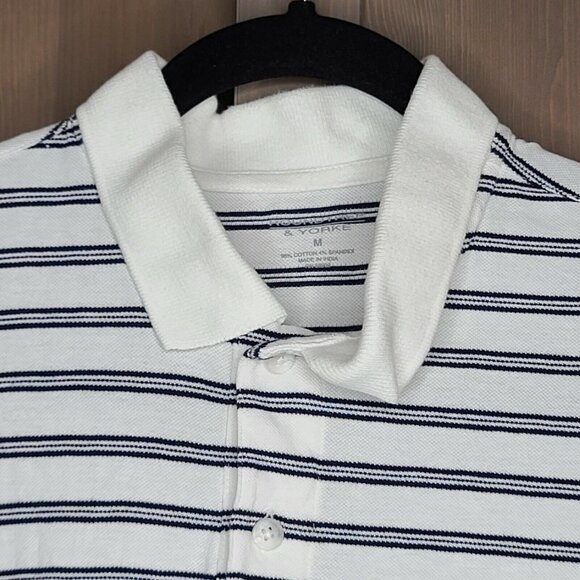 Roundtree & Yorke Polo Shirt Medium Mens White Navy Striped Short Sleeve Stretch - Picture 3 of 10
